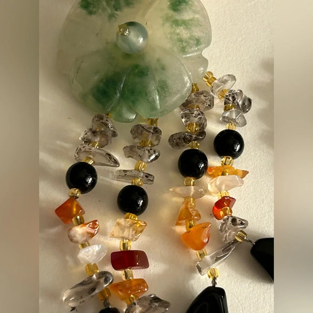 Necklace Artisan Jade flower tassel, Onyx, Rutilated Quartz, Carnelian beads